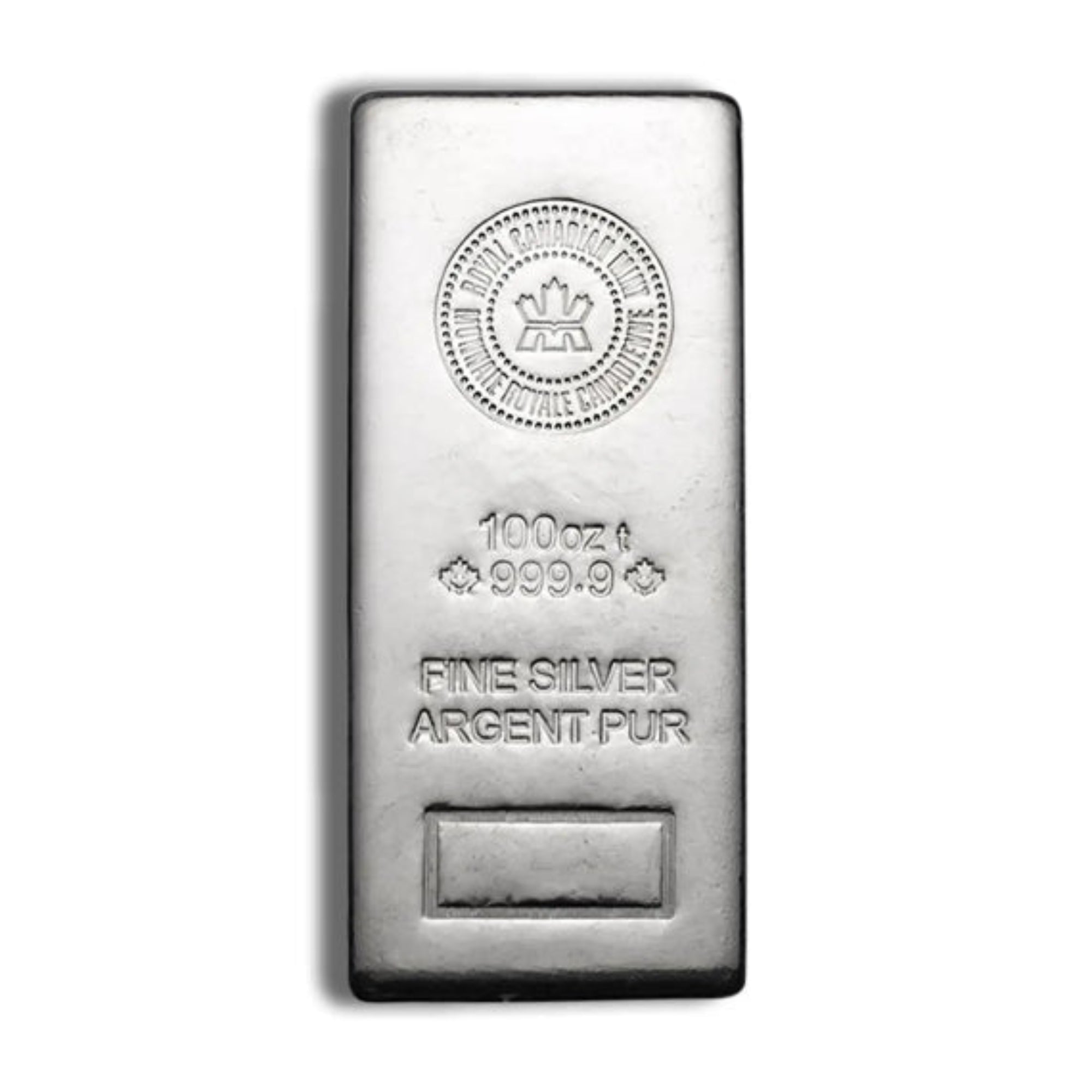 Silver bar with assay mark on a white background