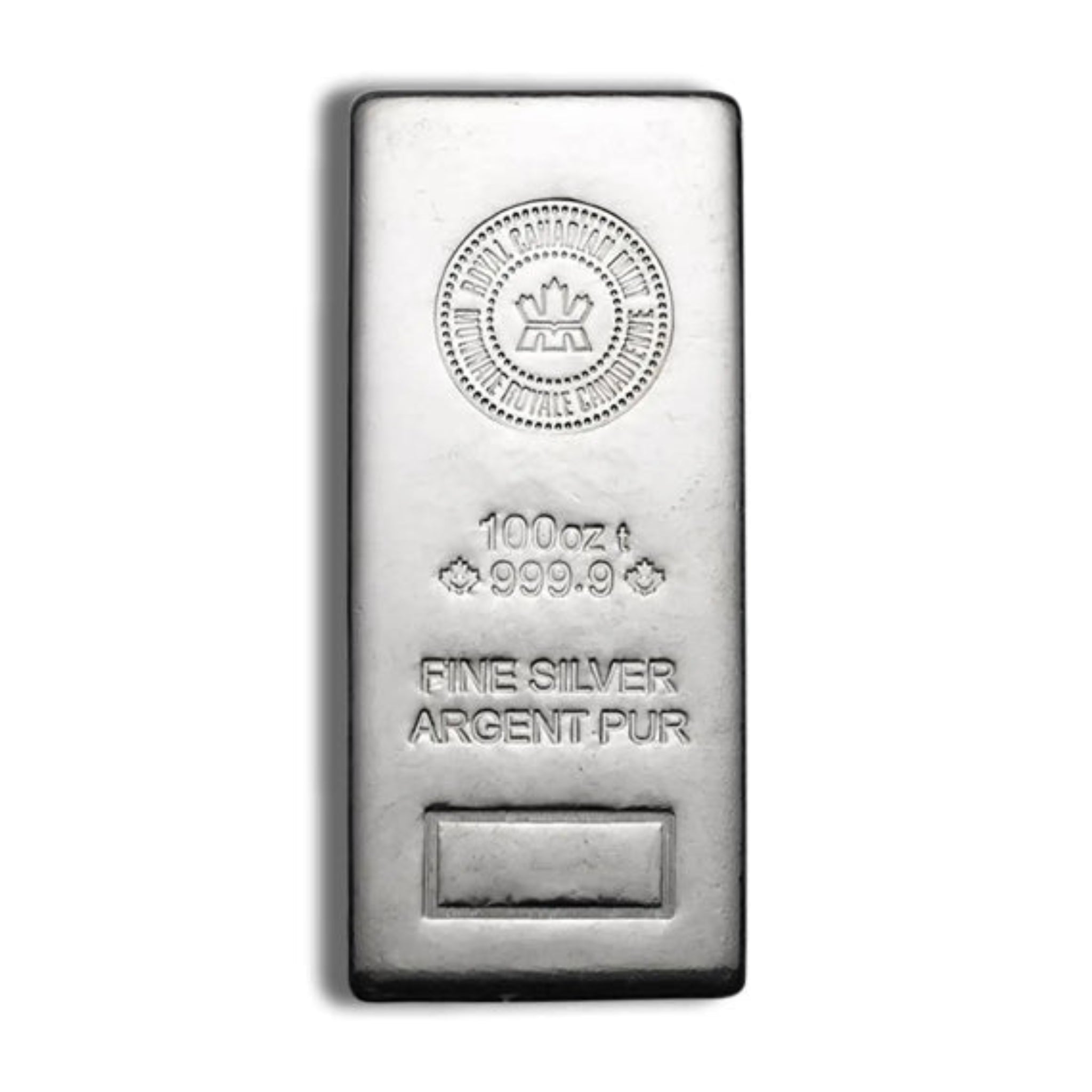 Silver bar with assay mark on a white background